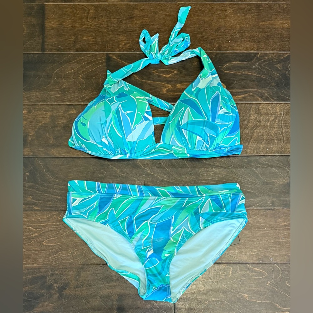 Tropical Leaf Halter Bikini Set - Teal Green - Picture 2 of 4